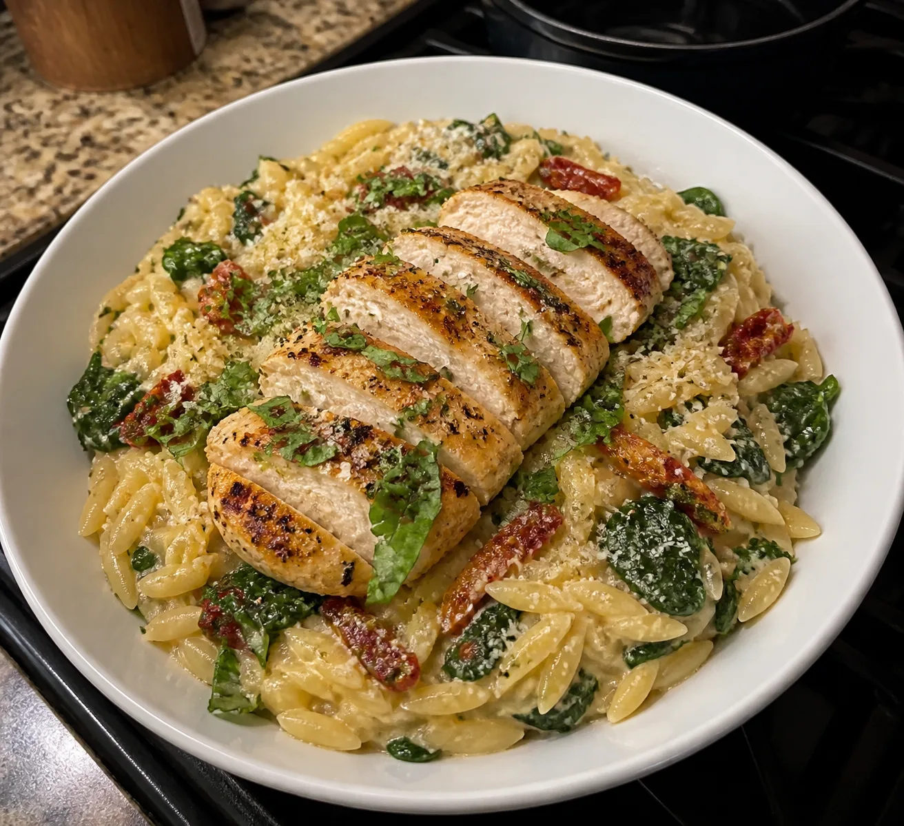 One-Pan Creamy Tuscan Garlic Chicken and Orzo